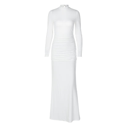 Women Clothing Autumn Solid Color Long Sleeve Slim Fit Fishtail Dress Button Backless Dress Women