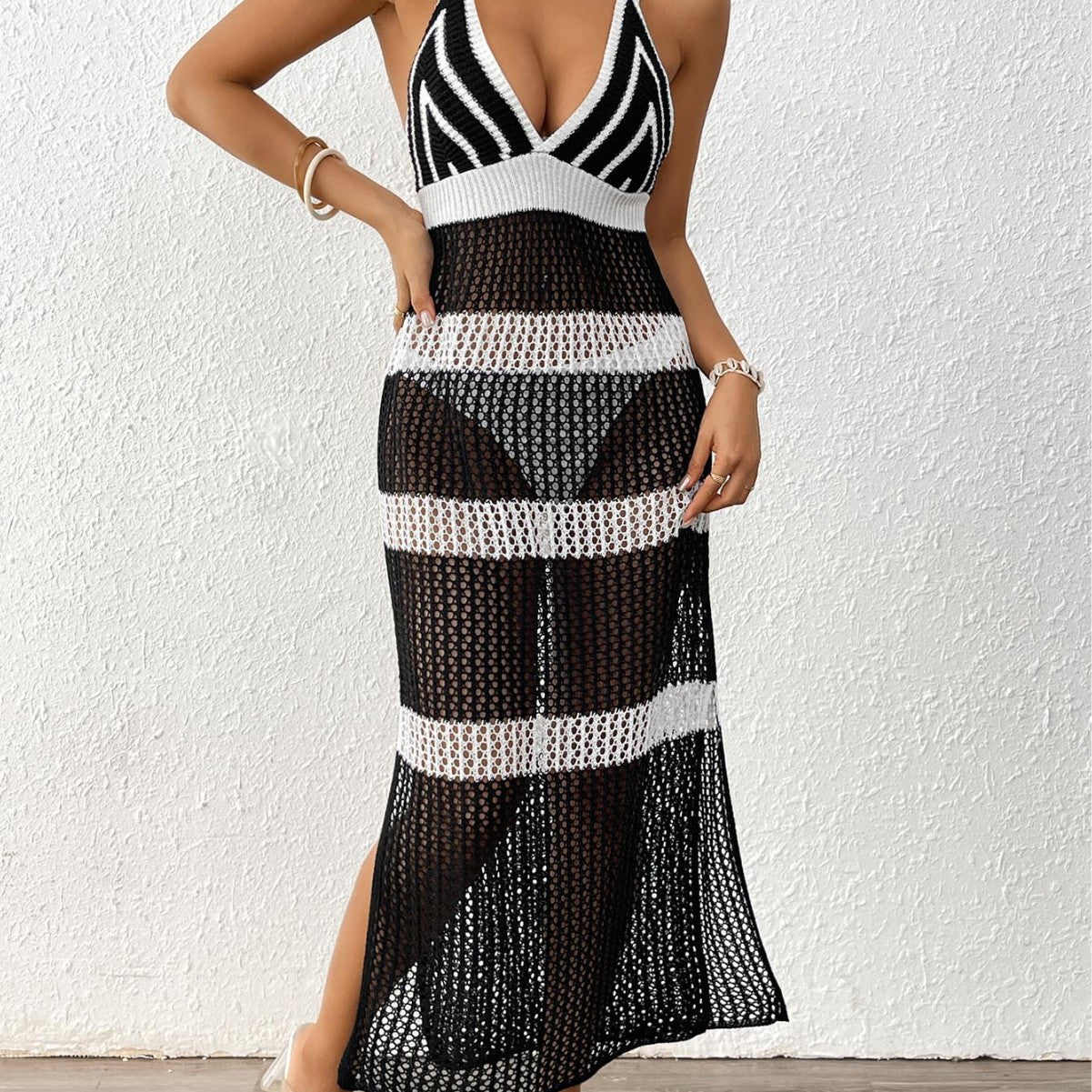 Women Dress Women Clothing Color Contrast Patchwork Suspender Skirt Tied Slim Fit Dress Beach Cover up