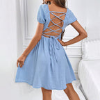 French Elegance Backless Square Collar Niche Mid Length Dress Women Yiskiss