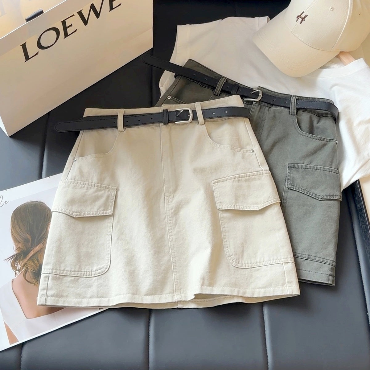 Workwear Denim Skirt Women Summer High Waist Slimming Multi Pocket Anti Exposure A line Skirt (No belt) Sunnygrace