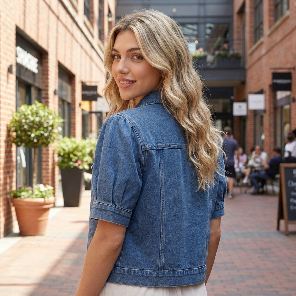 Collared Bubble Sleeve Single Breasted Pocket Design Washed Denim Short Sleeve Jacket Women MANNY