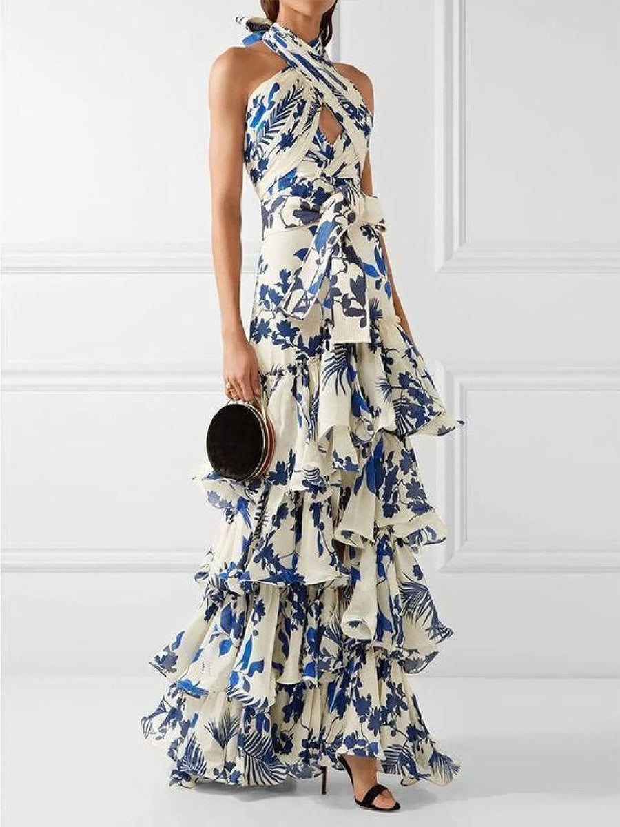 Summer Bohemian Holiday Lace up Lolita Large Swing Dress Printed Dress SSFSS