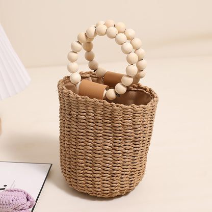 Cute Beaded Portable Straw Weaved Bag Bucket Hand Carrying Straw Bag Woven Bag Vacation Beach Bag Women