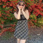 French Spring Sweet Fresh Plaid Strap Sexy Lace Stitching Dress A Line Dress LaceCH