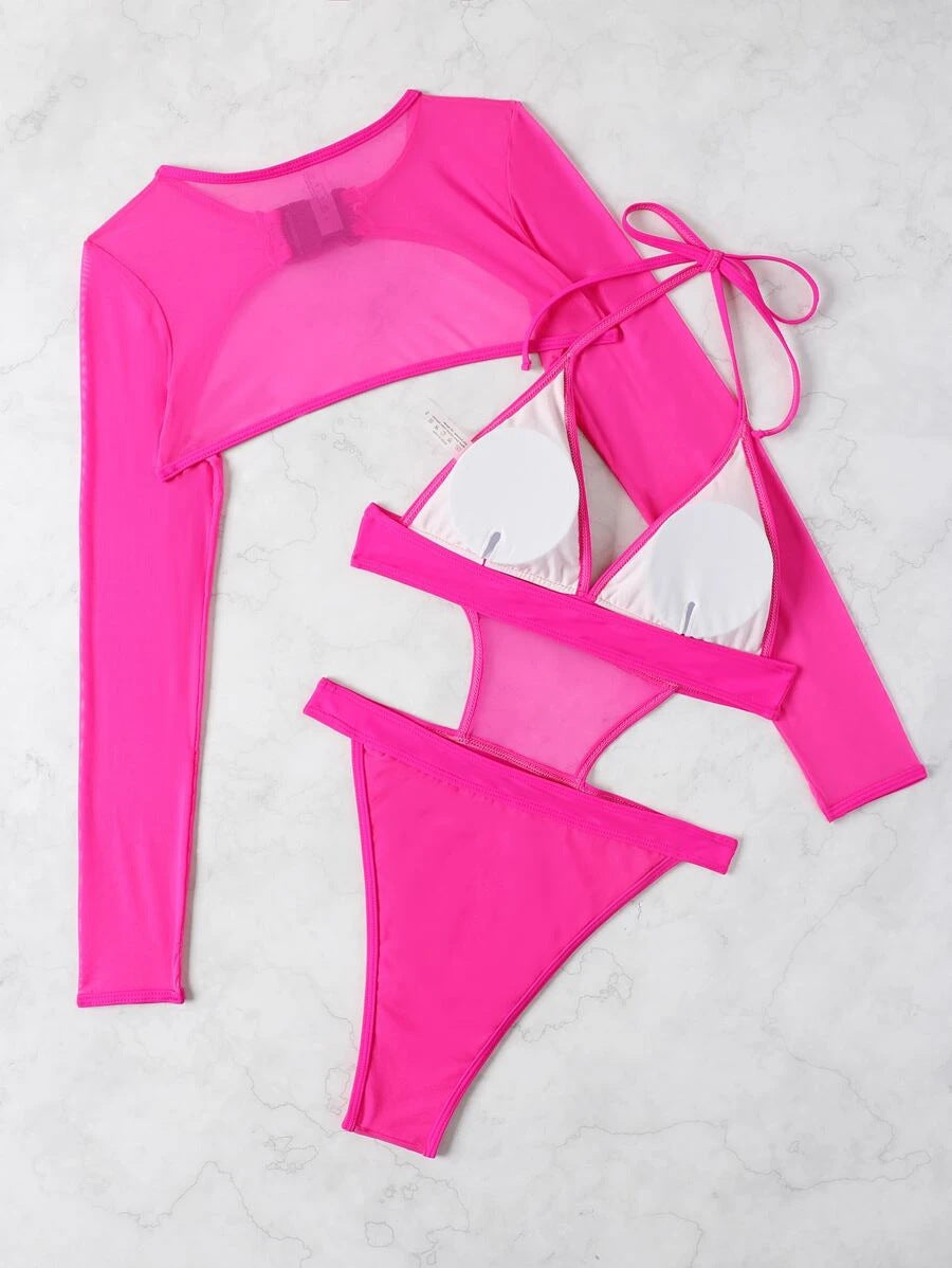 Traje de baño sexy con cuello halter, blusa de manga larga multicolor, color sólido
