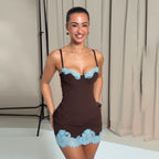 Sexy Sheath Dress Low Cut Lace Stitching Contrast Color Slim Fit Sexy Street Camisole Short Dress for Women LingSharp