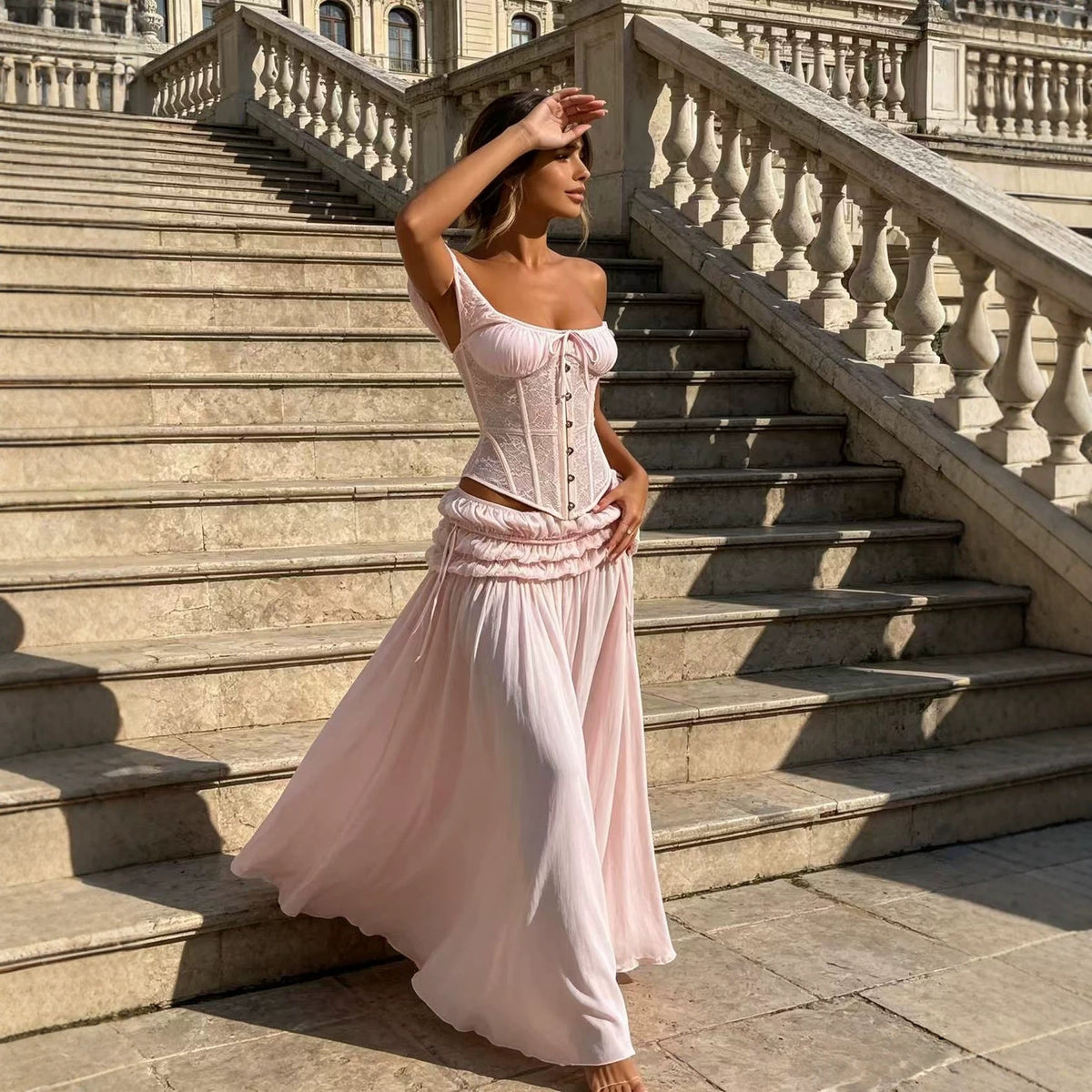 French Lace Tube Top off Shoulder Tied Top Pleated Sexy Skirt Long Skirt Two Piece Set for Women Summer Adore