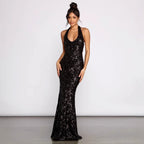 Vestido sexy con cuello colgante y apliques para mujer, vestido formal a juego.