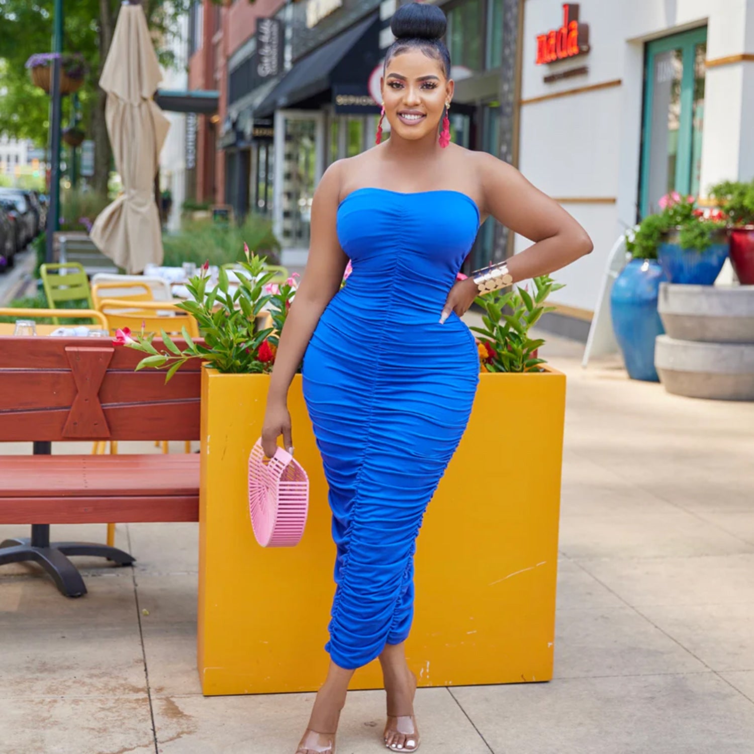 Women Clothing Sexy Bandeau Pleated Solid Color Dress Midi Dress OSDAN