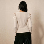 Women Clothing Square Collar Long Sleeved T shirt Women Pleated Waist Tight Slimming Elegant Bottoming Top Yiskiss