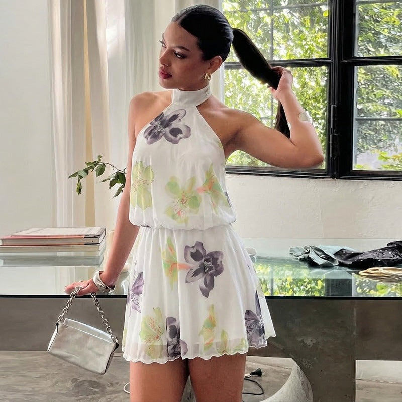 Women Clothing Summer Printed I Halter Fitted Waist Backless Lace up Dress BULLINGER