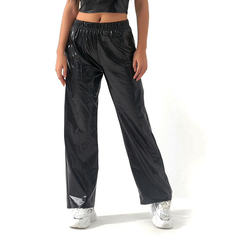 Pantalones casuales de tela con revestimiento metálico para mujer, diseño de calle, pantalones rectos de cintura alta con degradado láser Aurora, pantalones elásticos a juego.