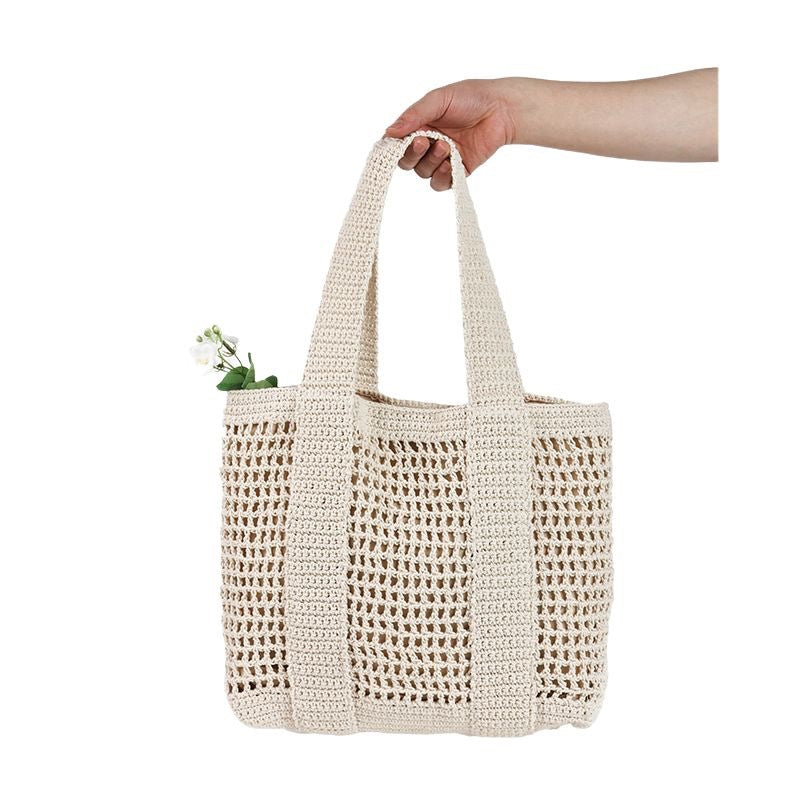 Bolso informal de gran capacidad tejido con hilo de algodón, bolso de paja con recortes, bolso de playa para vacaciones en el mar, bolso de hombro de malla 