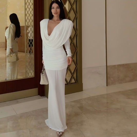 Vestido de otoño para mujer, sexy, sin espalda, con cuello halter, plisado, ajustado, de color liso y manga larga