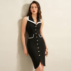 Women Clothing Summer Elegance Slim Fit Contrast Colors Collared Button Sleeveless Split Dress Jeme