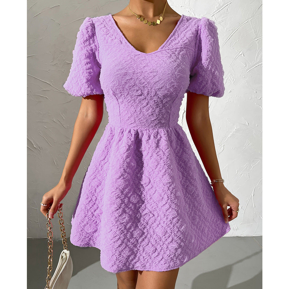 Summer Women Clothing Solid Color V neck Puff Sleeve Short Sleeve Dress for Women EBELIAN