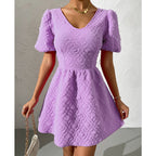 Summer Women Clothing Solid Color V neck Puff Sleeve Short Sleeve Dress for Women EBELIAN