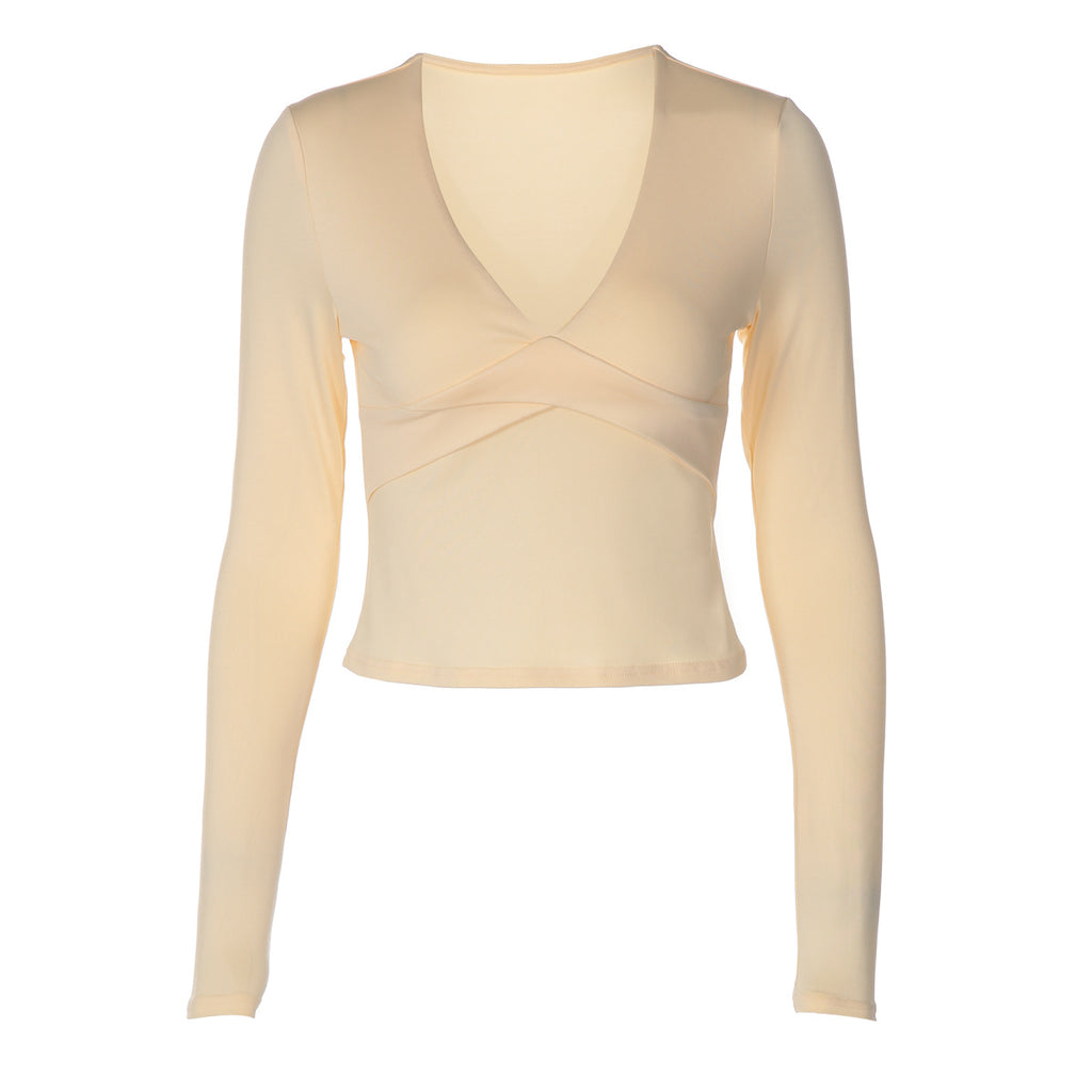 Women Clothing Summer Solid Color V neck Slimming Long Sleeve Top Slim Fit Milk Silk Bottoming Shirt T shirt for Women LEKINS