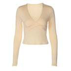 Women Clothing Summer Solid Color V neck Slimming Long Sleeve Top Slim Fit Milk Silk Bottoming Shirt T shirt for Women LEKINS