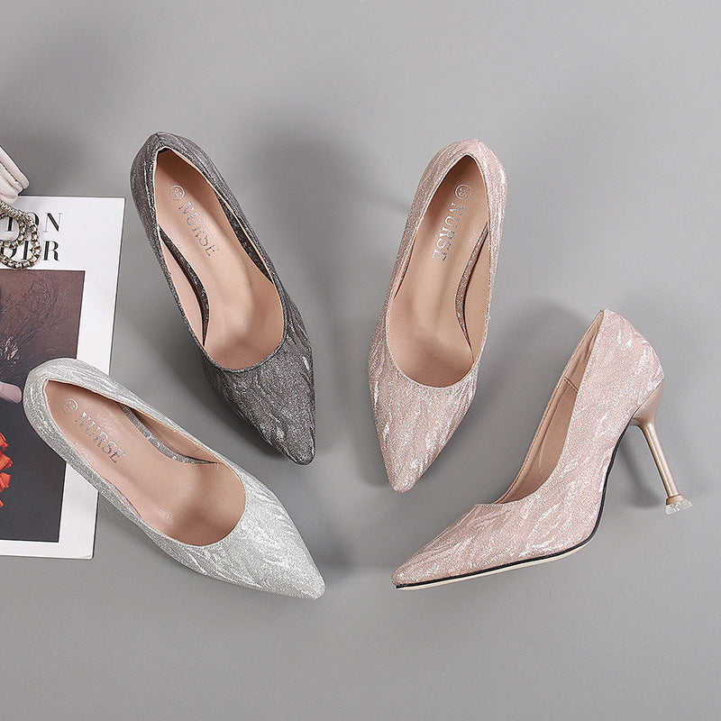 Korean Cocktail High Heels Metal Heel High Heel Low Cut Pointed Shining Sequin Cloth Pumps Yuanna