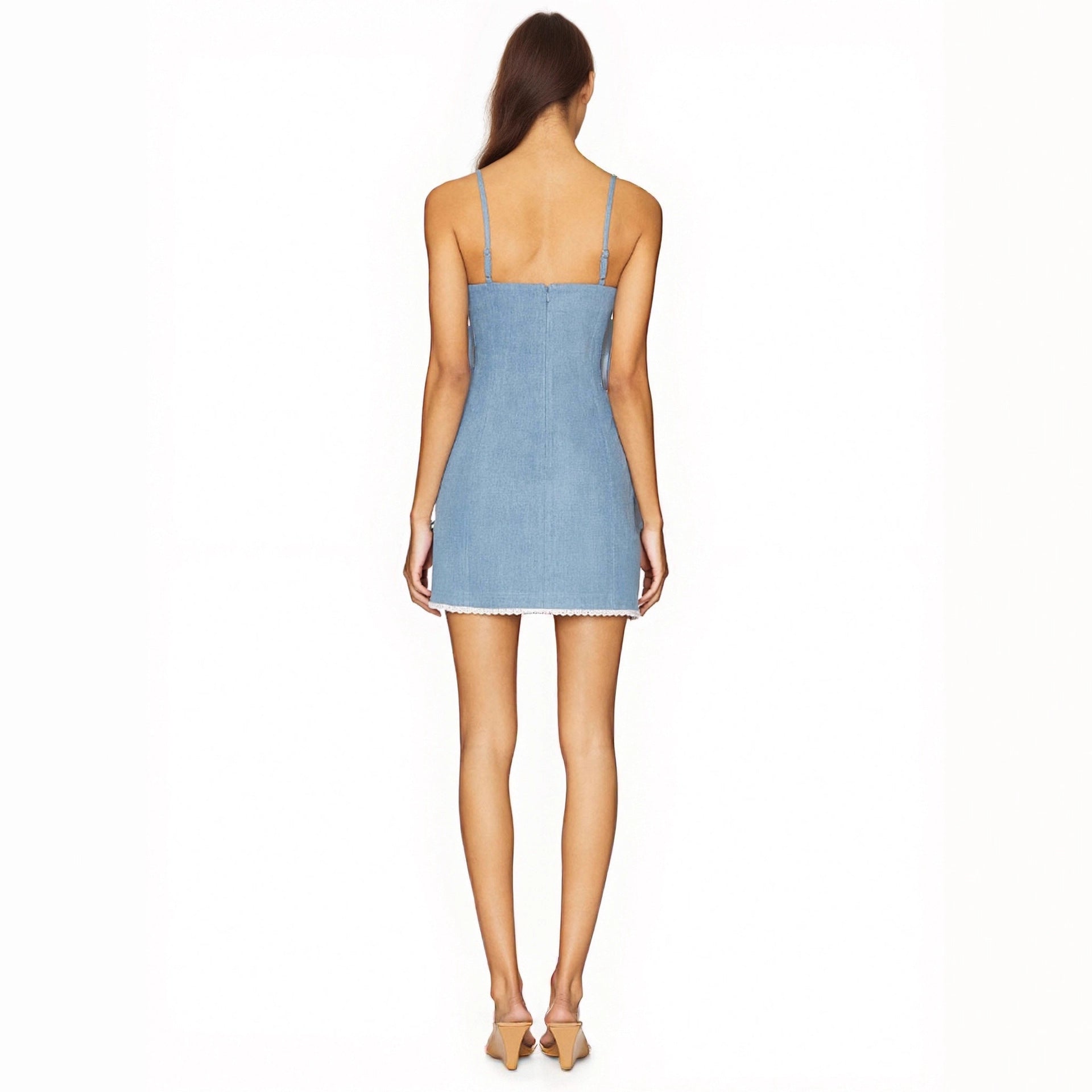 Elegant Light Blue Slip Dress Lace Embellished Fresh Women Dress Rogan