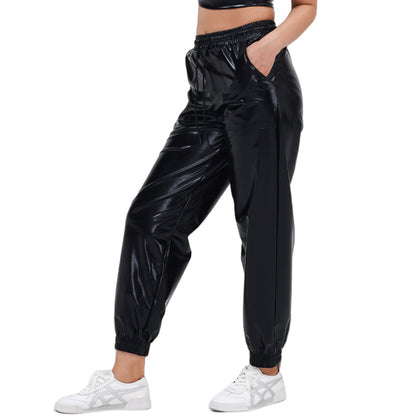 Pantalones de mujer Street Trend, pantalones bronceados con banda en el tobillo, pantalones deportivos de cuero brillante, ropa holgada de alto rendimiento