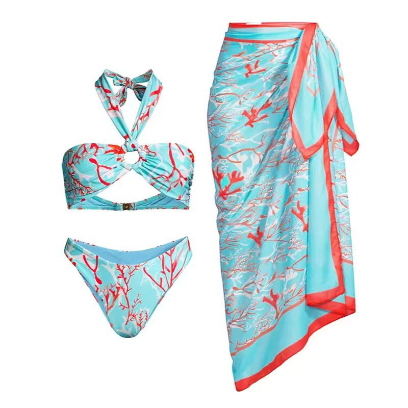 Bikini Halter con estampado sexy de gasa y falda dividida, conjunto de tres piezas