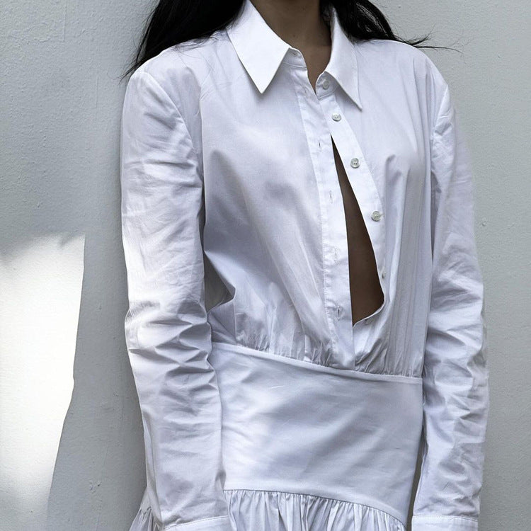 Women Clothing Spring Summer White Office Pleated A line Dress Collared Long Sleeve Shirt Dress Women Kigali