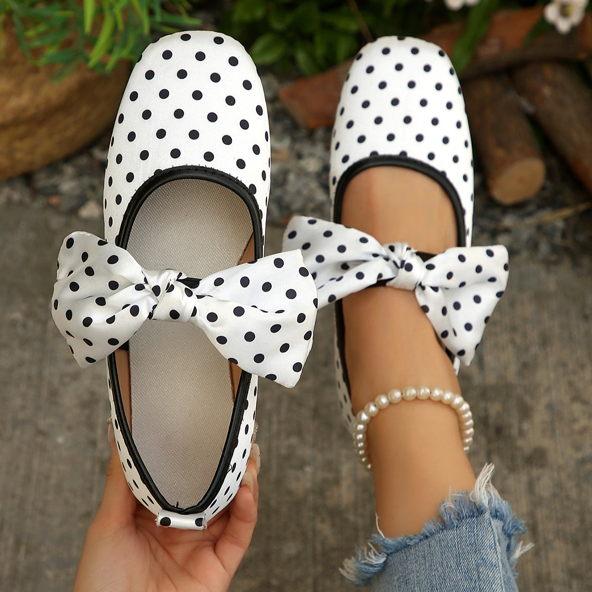 Black White Polka Dot Shallow Mouth Pumps Women Bow Mary Jane Ballet Breathable Boat Shoes ZUIMEI