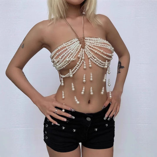 Body Cha Halter Baroque Mujeres Sexy Breastpin Bra Beaded Pearl Vest