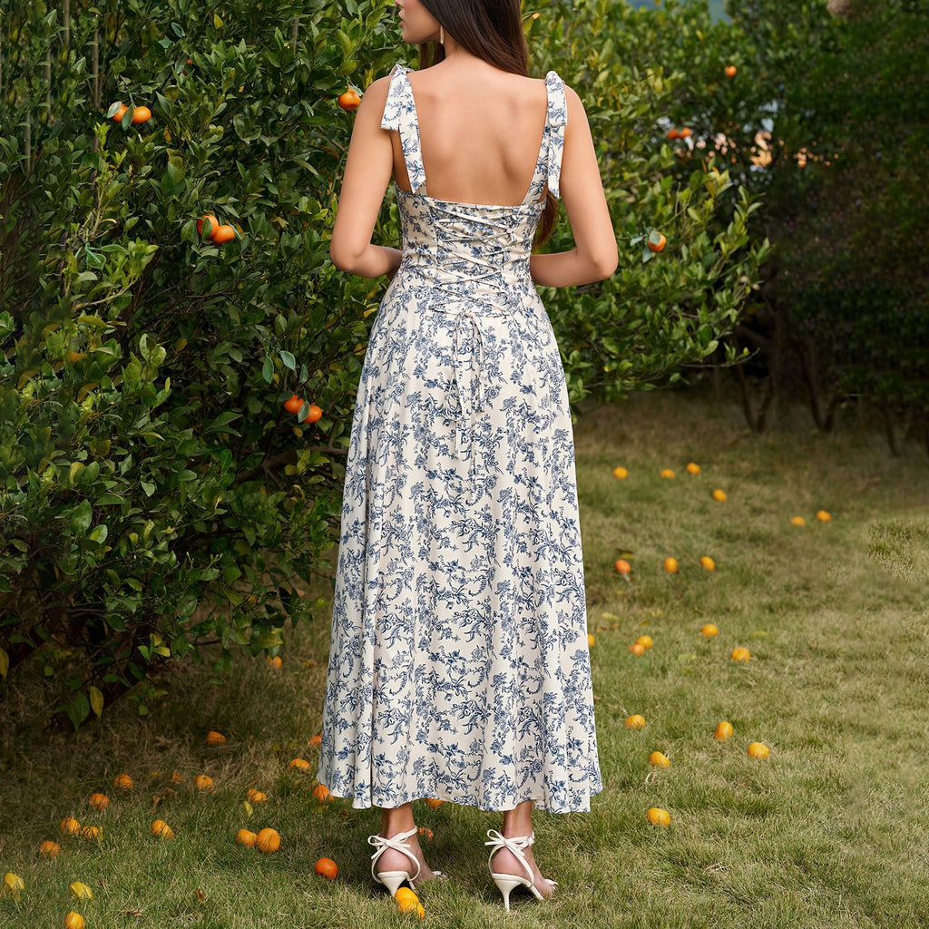 Summer Four Sided Stretch Printing Slip Dress Dignified Goddess Backless Waist Trimming Lace up Boning Corset Dress SUNSHINE