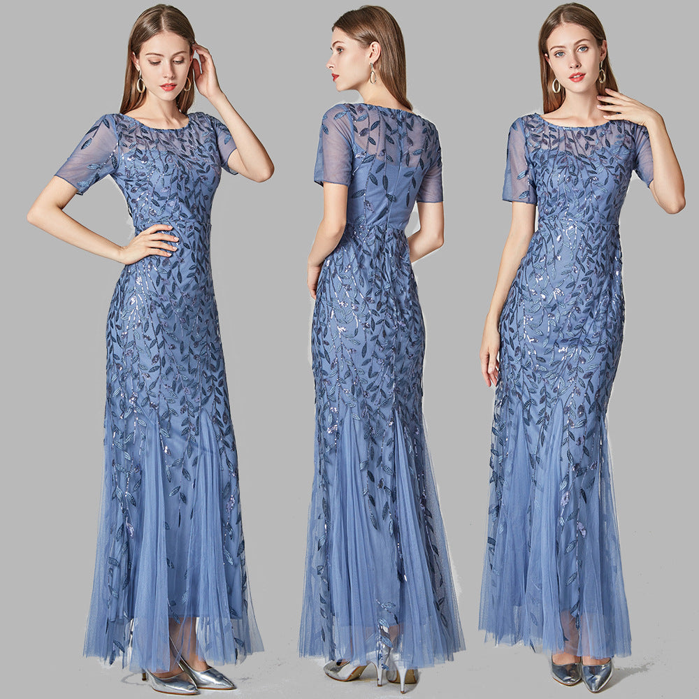 Summer Autumn Banquet Host Slim Mesh Sequ Evening Dress Fishtail Dress for Women HENGACHI