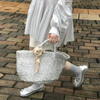 Silver Portable Straw Weaved Bag Metal Sense Large Capacity Hand Carrying Woven Bag Women Seaside Vacation Beach Bag