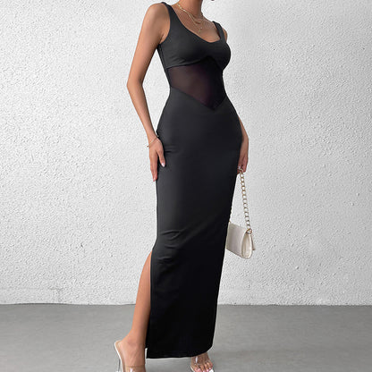 Robe nuisette sexy en soie de lait et maille fendue dos nu, robe maxi de soirée