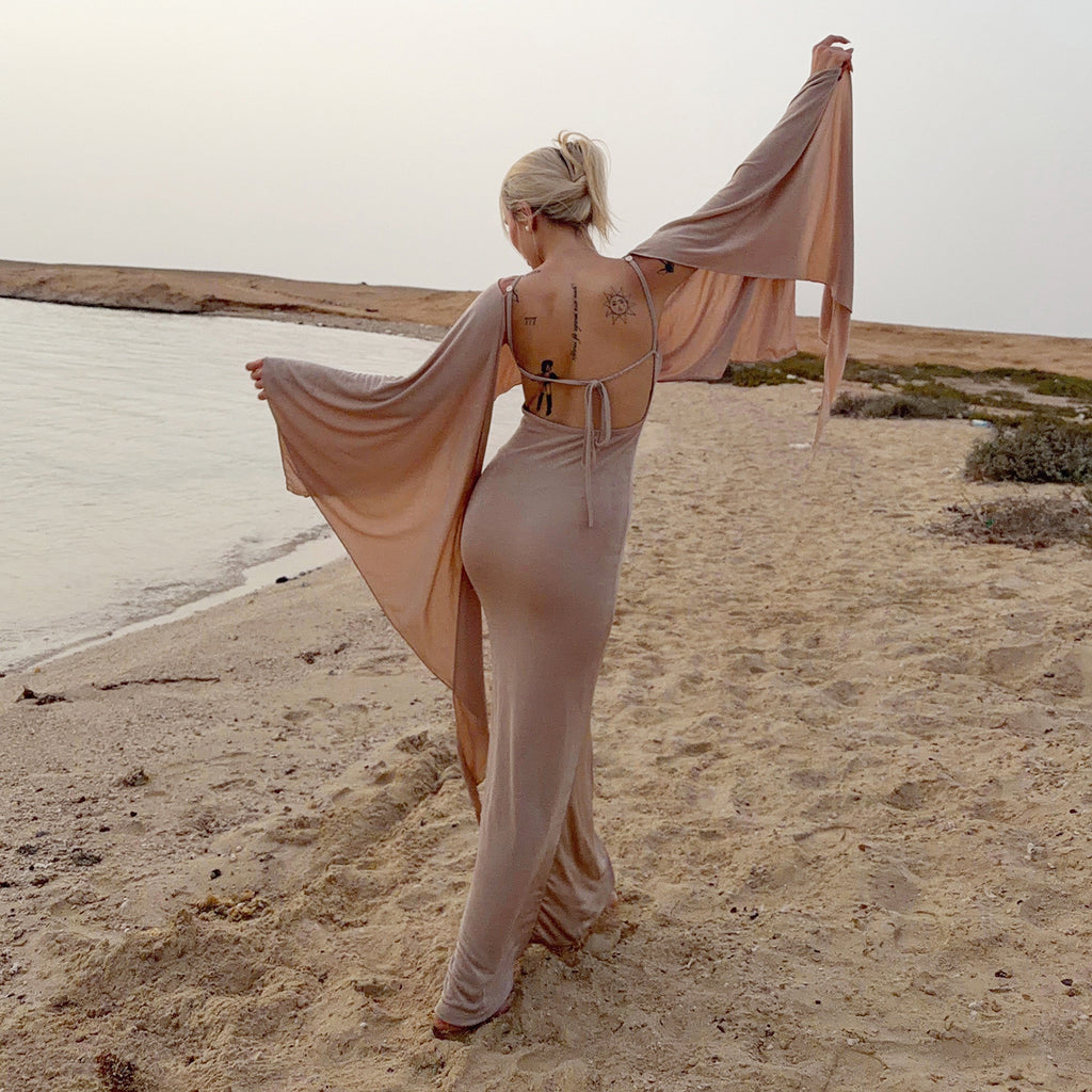 Sexy Adult Lady like Woman Elegant Batwing Sleeve Shawl Strap Backless Cami Dress Two Piece Set for Women LingSharp