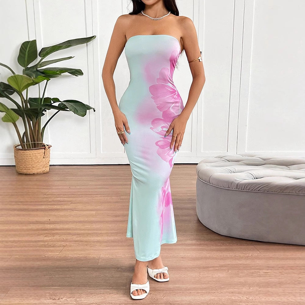 Vestido de verano sexy con escote bandeau, corte entallado, estampado en contraste de colores y espalda descubierta para mujer
