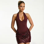 Women Clothing Autumn Solid Color Sleeveless Cross Halterneck Lace Up Hem Sequin Short Dress HONEYBADGER