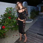 Summer Women Clothing Sexy Lace Cutout Long Sleeved Vest Low Waist Slim Skirt Set for Women YIMAIL