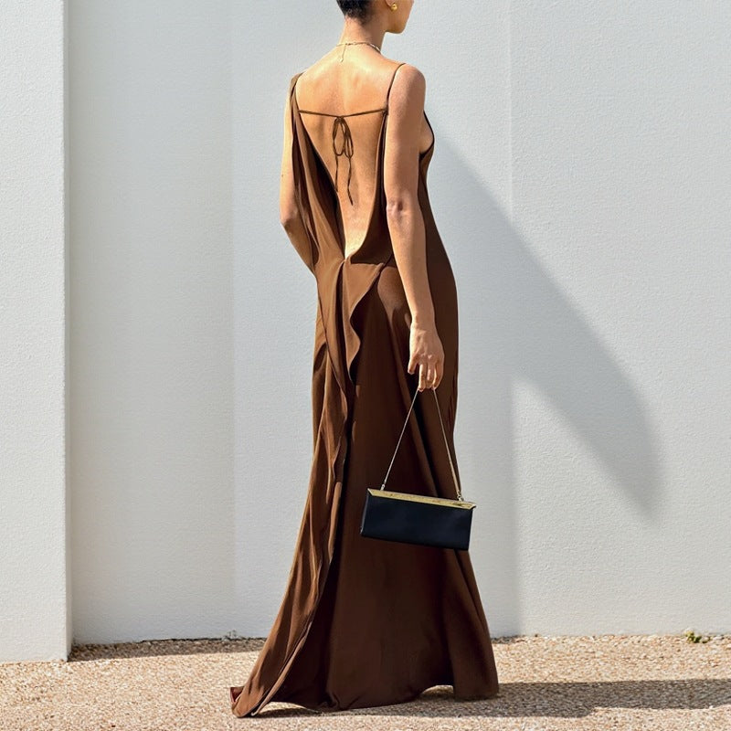 Summer Slim Fit Maxi Dress Autumn Casual Strap Satin Dress for Women EFFISEN
