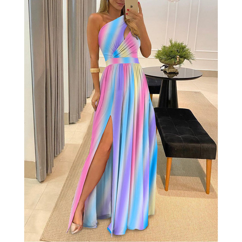 Women Clothing Slant Shoulder Dress Elegance Sleeveless Sexy High Waist Split Dress Romance