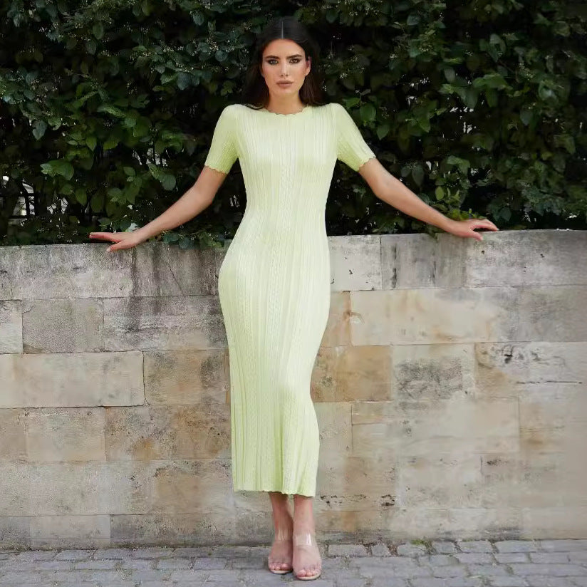 Dehaired Angora Covering Yarn Slimming Short Sleeved Knitted Maxi Dress Casual Waist Tight Twist Dress for Women Havana