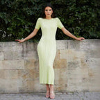 Dehaired Angora Covering Yarn Slimming Short Sleeved Knitted Maxi Dress Casual Waist Tight Twist Dress for Women Havana