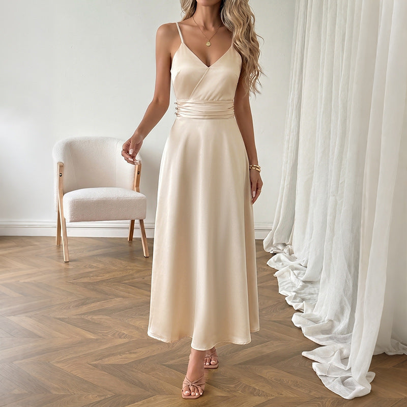 Simple Elegant Champagne Satin V neck Strap Dress HUNDRED