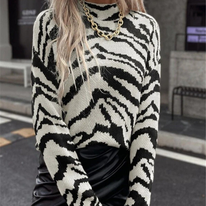 Autumn Winter Essential Loose Pullover Zebra Pattern Knitted Sweater for Women