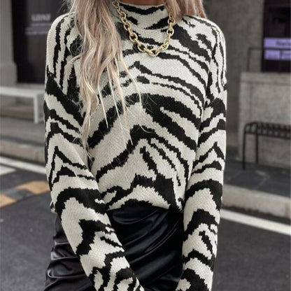Autumn Winter Essential Loose Pullover Zebra Pattern Knitted Sweater for Women