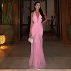 Summer Women Clothing Solid Color Elegant Sexy Mesh Stitching Halter Pleated Dress for Women YIMAIL