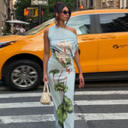 Summer Women Clothing Sexy Oblique Shoulder Collar Tight Waist Thin Looking Cool Printed Sheath Dress Dores