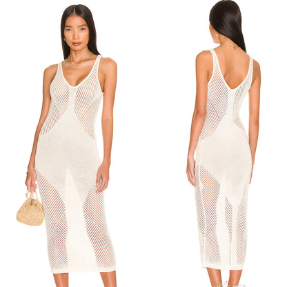 Falda tipo chaleco de punto con escote en V y aberturas para vacaciones, informal, para playa, bikini, 2 colores