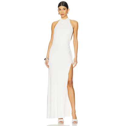 Hollowed out Halter Backless High Bifurcated Rivet Diamond Women Clothing Solid Color Dress