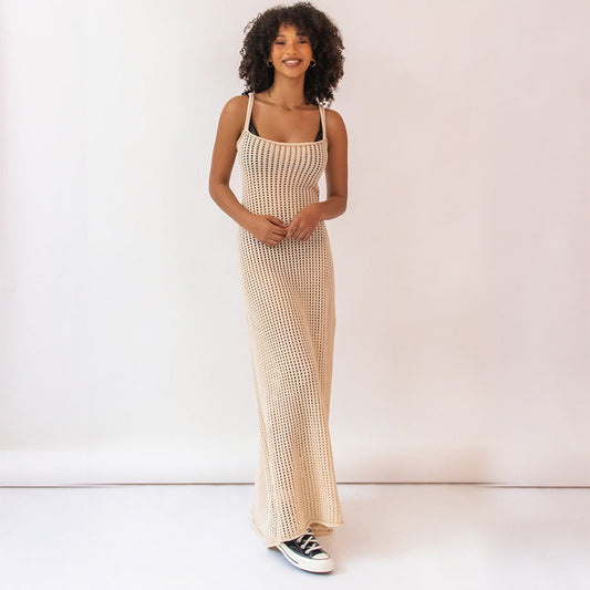 Spring Beach Dress Women Solid Color Sling Over The Knee Vacation Bikini Swimsuit Outwear Smock Dress Crochet hook